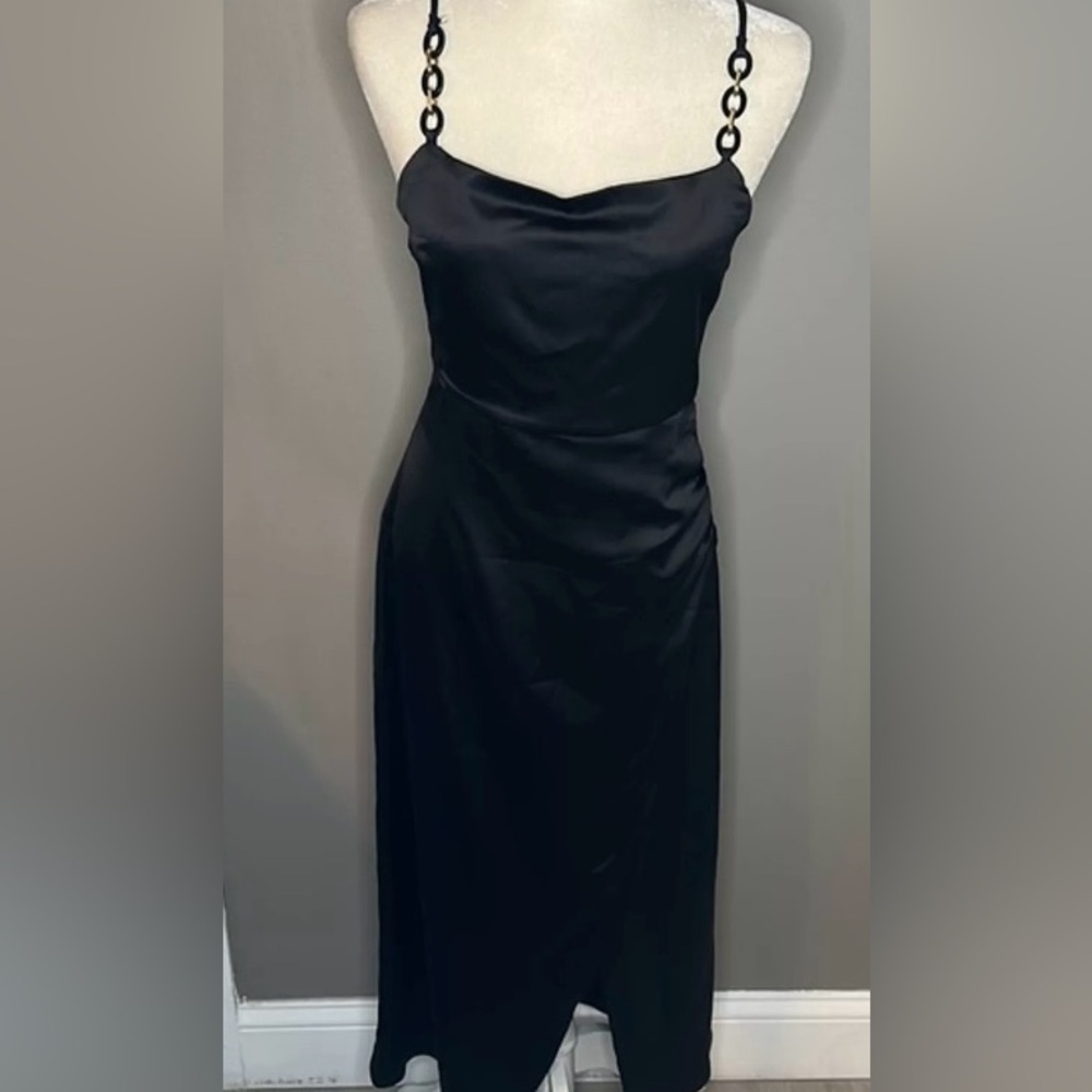 NWT Zara Black Satin Lingerie Style Draped Midi Dress Size S
